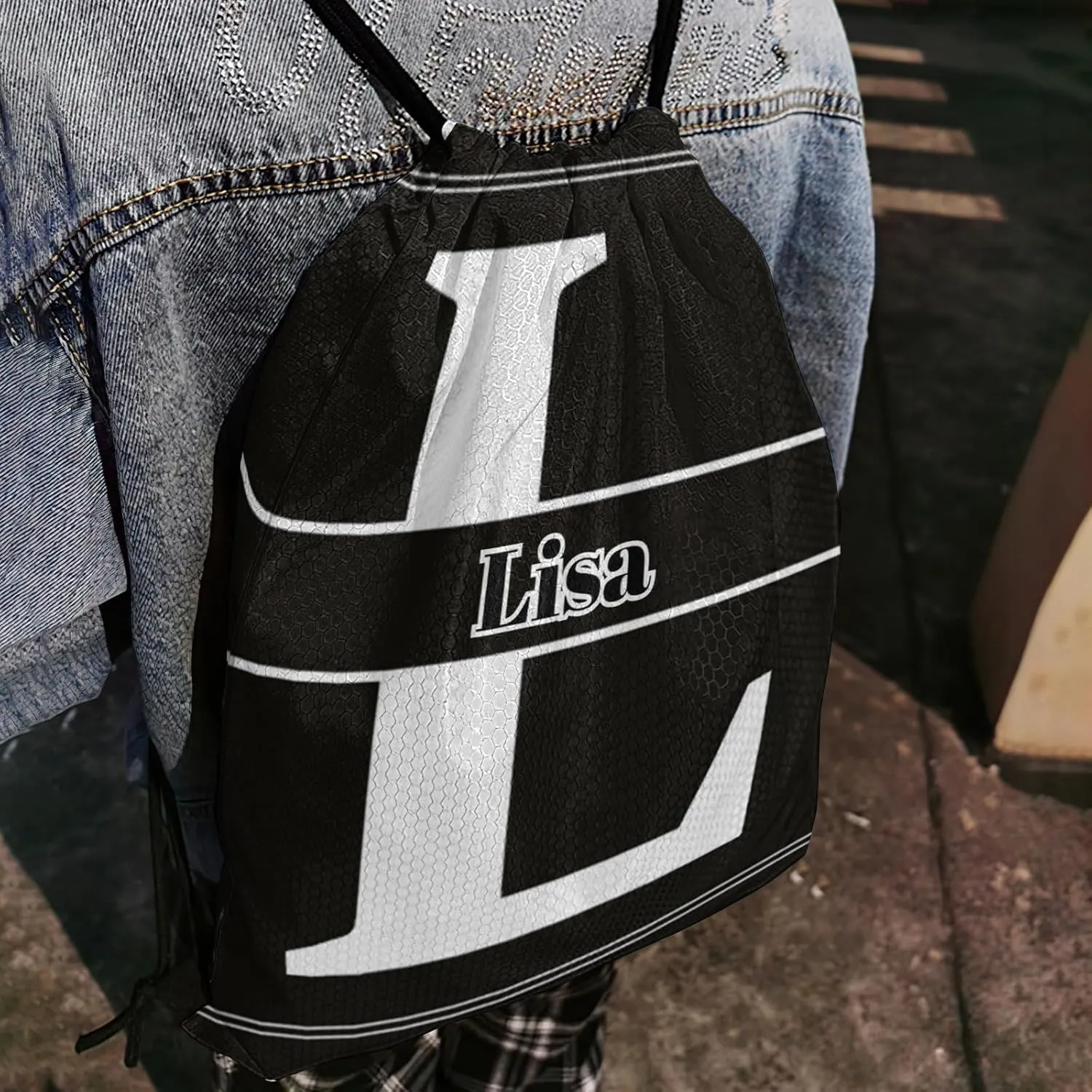 Letter L Drawstring Sackpack Gym Yoga Sport Backpack Bag Waterproof Storage Bags for Women Men