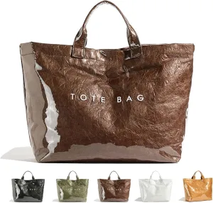 Letter Print Work Tote Bag, PVC Tote Bag for Women, Solid Color Large Kraft Paper Hobo Bag with Shoulder Strap
