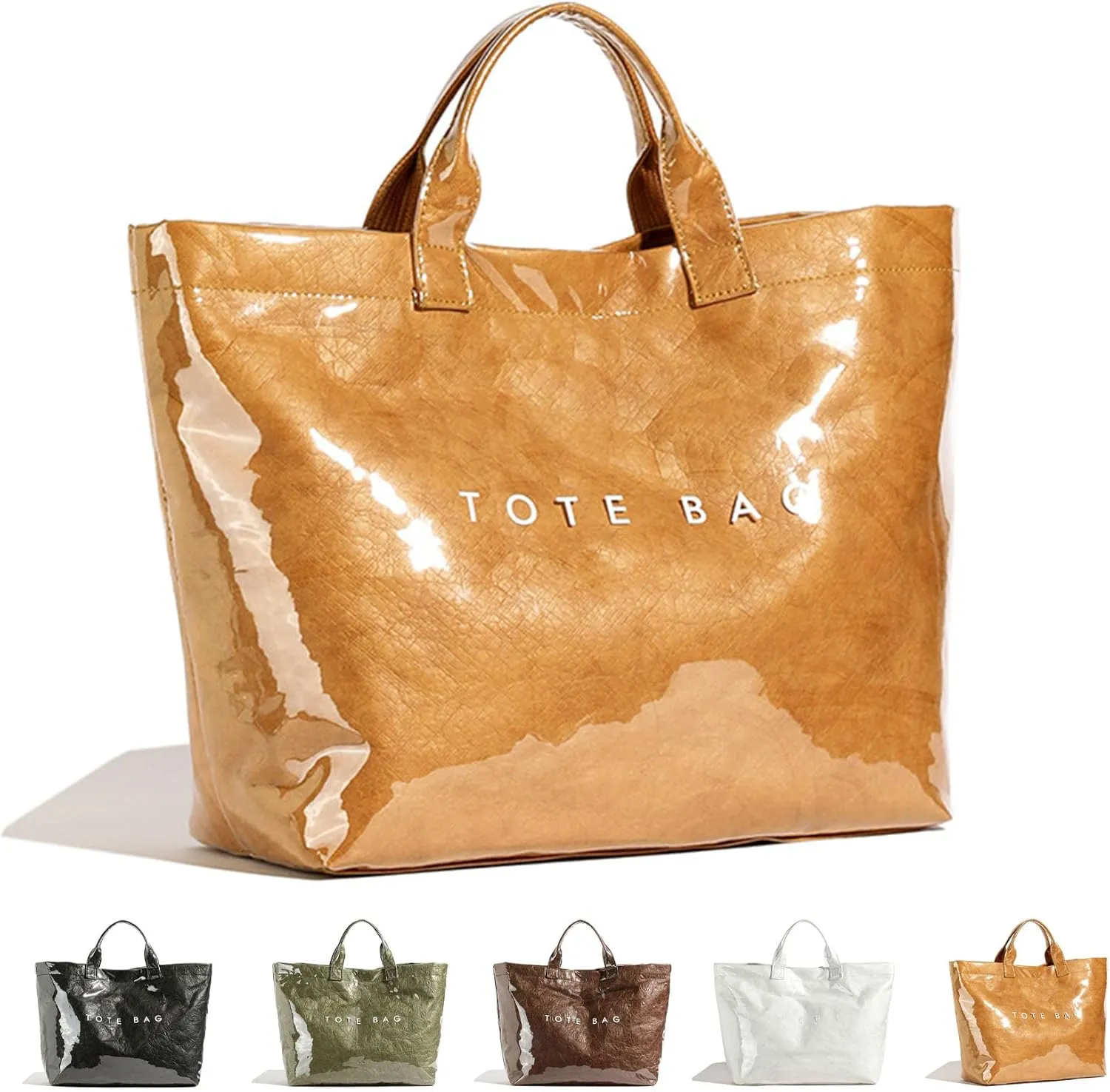Letter Print Work Tote Bag, PVC Tote Bag for Women, Solid Color Large Kraft Paper Hobo Bag with Shoulder Strap