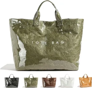 Letter Print Work Tote Bag, PVC Tote Bag for Women, Solid Color Large Kraft Paper Hobo Bag with Shoulder Strap,
