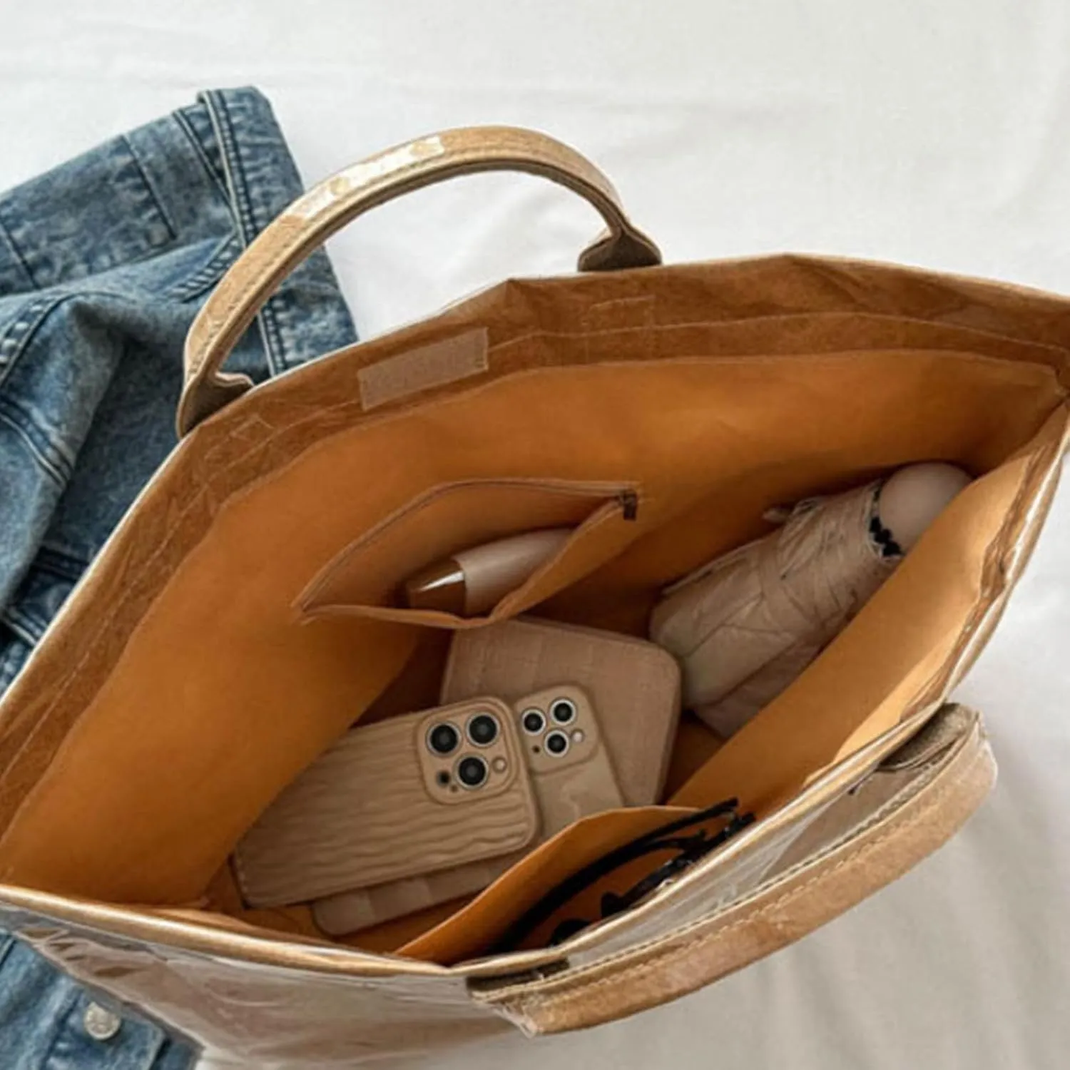 Letter Print Work Tote Bag, PVC Tote Bag for Women, Solid Color Large Kraft Paper Hobo Bag with Shoulder Strap