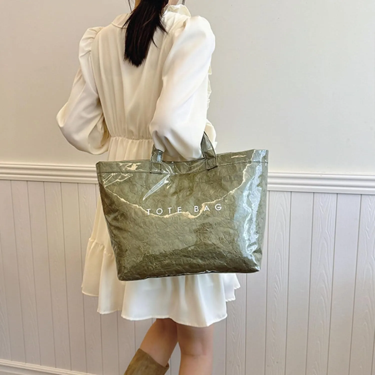 Letter Print Work Tote Bag, PVC Tote Bag for Women, Solid Color Large Kraft Paper Hobo Bag with Shoulder Strap