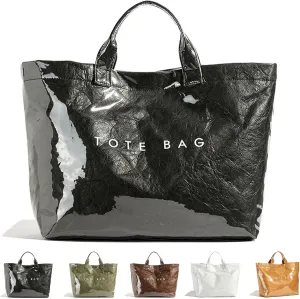 Letter Print Work Tote Bag, PVC Tote Bag for Women, Solid Color Large Kraft Paper Hobo Bag with Shoulder Strap