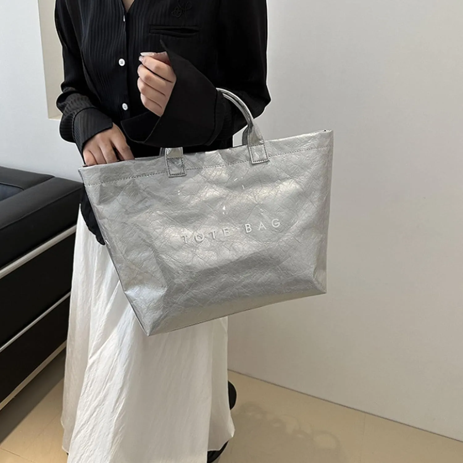 Letter Print Work Tote Bag, PVC Tote Bag for Women, Solid Color Large Kraft Paper Hobo Bag with Shoulder Strap