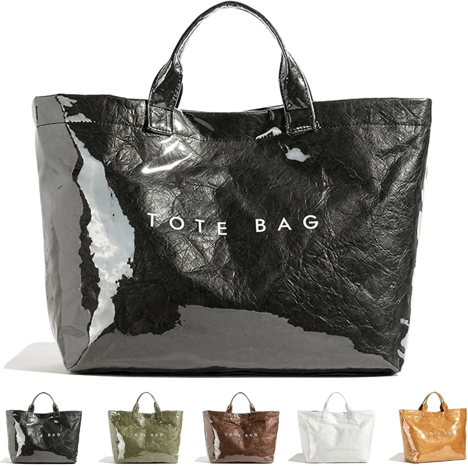 Letter Print Work Tote Bag, PVC Tote Bag for Women, Solid Color Large Kraft Paper Hobo Bag with Shoulder Strap