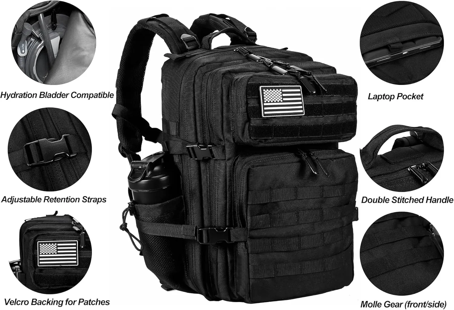 LHI Military Tactical Backpack for Men and Women 45L Army 3 Days Assault Pack Bag Large Rucksack with Molle System