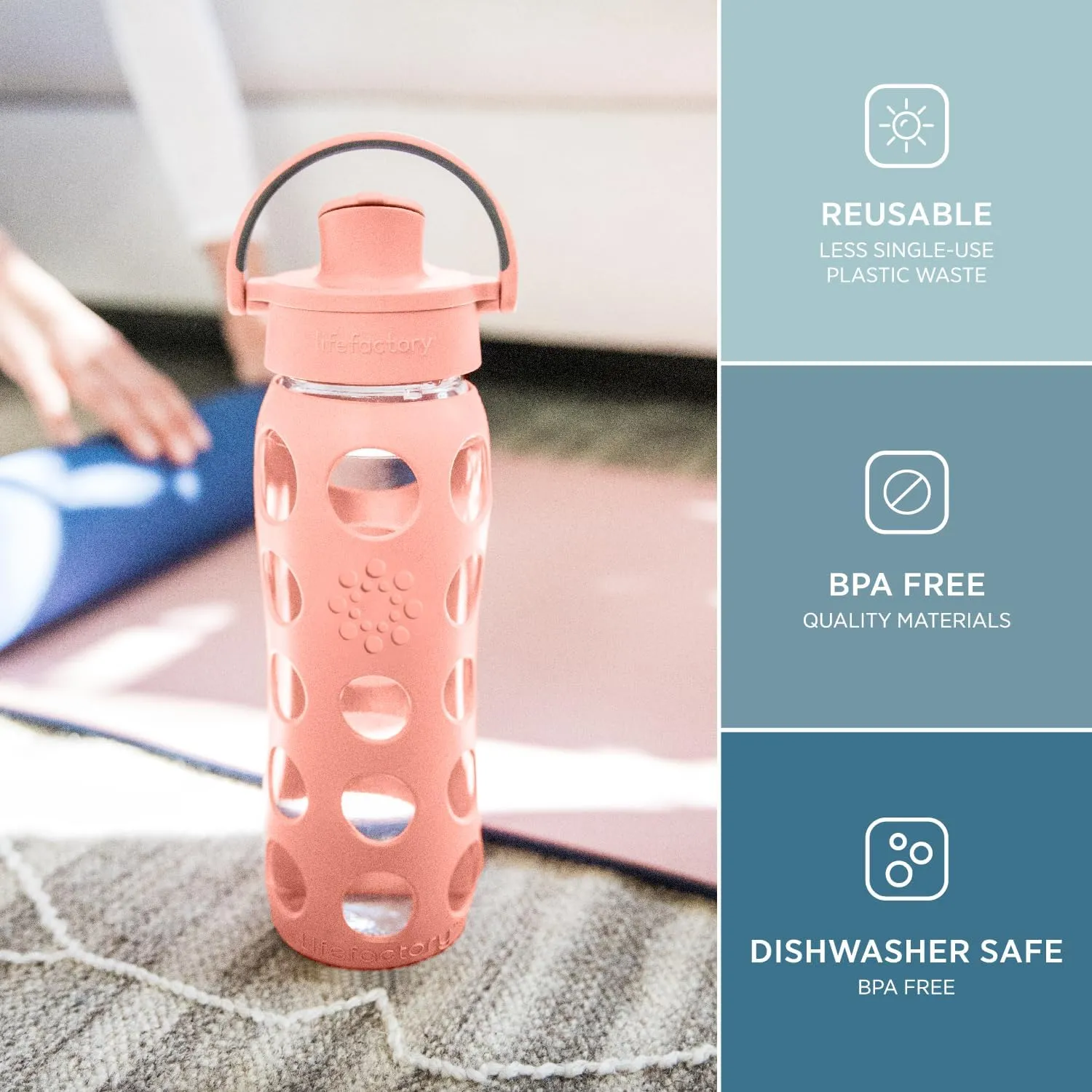 Lifefactory 22-Ounce Glass Water Bottle with Active Flip Cap and Protective Silicone Sleeve, Desert Rose