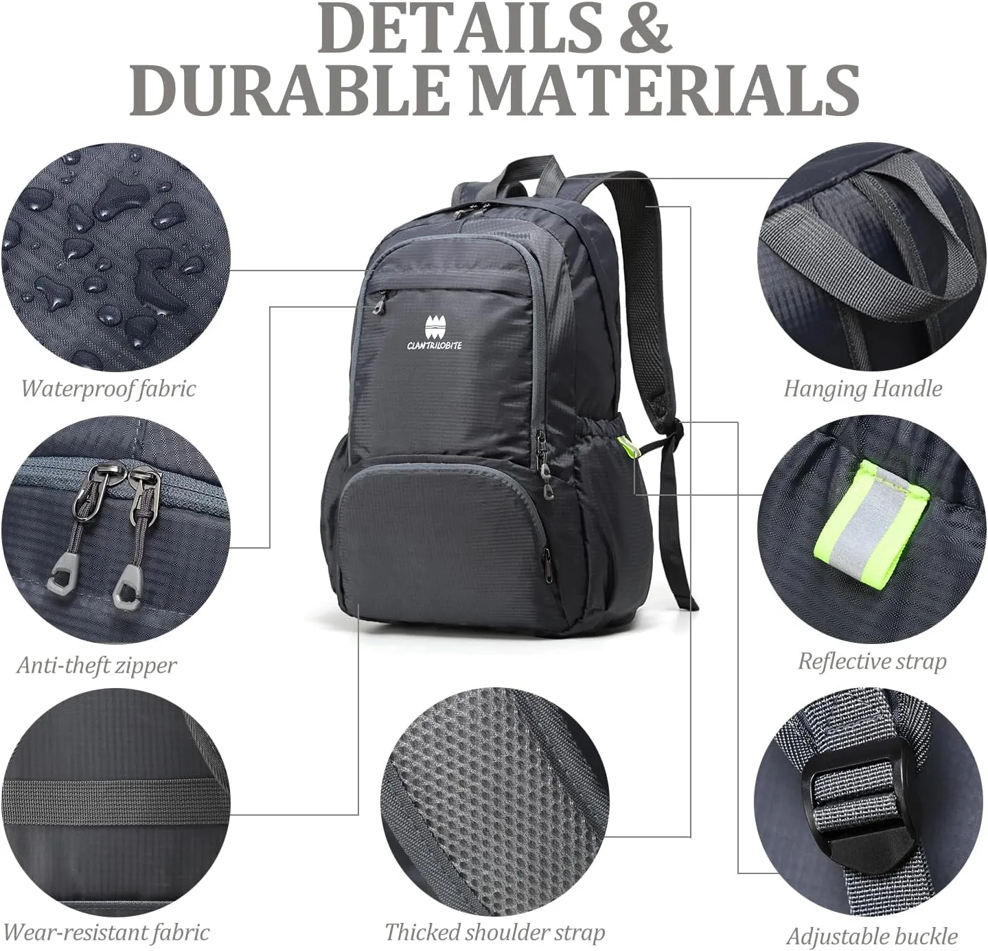 Lightweight Packable Travel Backpack, 30L Grey Daypack Hiking Backpack for Women Men, Waterproof and Foldable, Travel Backpack Carry on Flight Approved