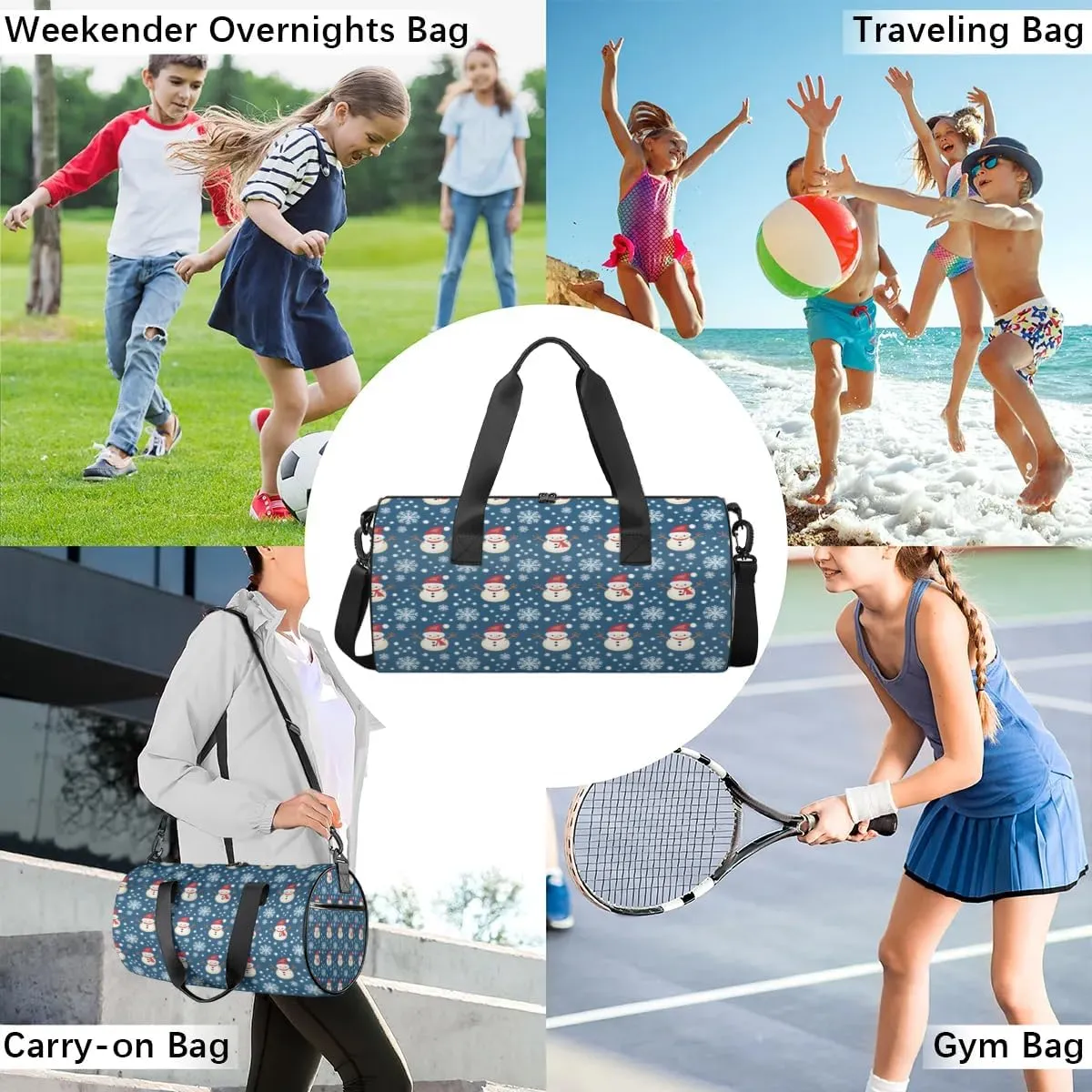 Lightweight Travel Duffle Bag Christmas Snowflake Snowman Gym Bag for Women Men Stylish Small Duffle Bag for Fitness Yoga Travel Overnight Sport