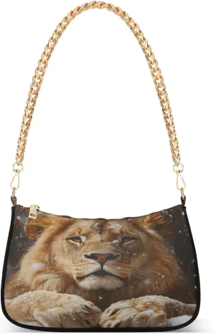 Lion Winter Shoulder Handbags for Women Travel Hobo Tote Handbag Women Gold Chain Shoulder Bags Purse with Zipper Closure