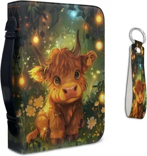 Lotusorchid Highland Cow Print Bible Cover Case for Women with Leather Keychain, Large Bible Book Cover Bible Case Bible Carrying Case with Zipper Handle for Bible Study, Green and Brown, Size L