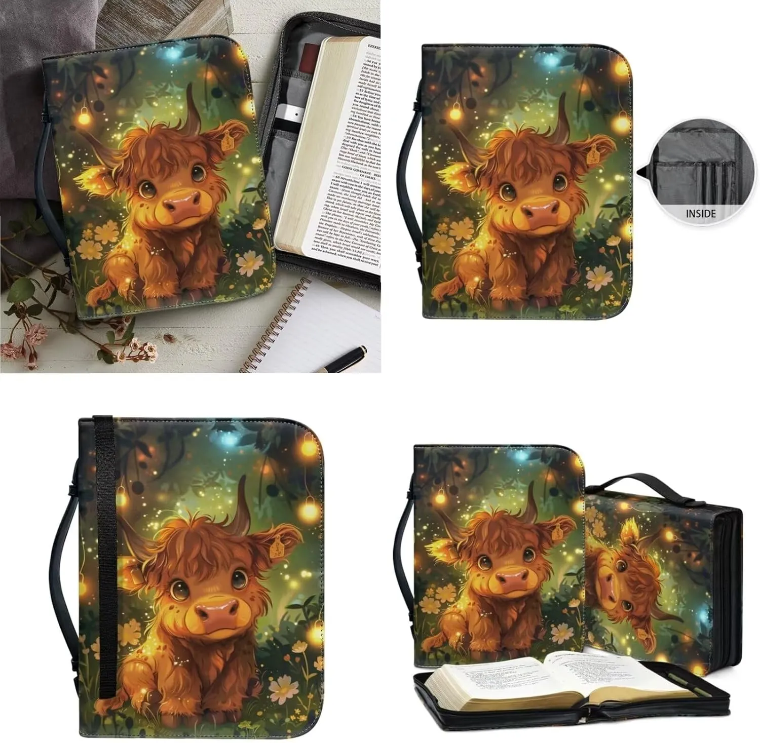 Lotusorchid Highland Cow Print Bible Cover Case for Women with Leather Keychain, Large Bible Book Cover Bible Case Bible Carrying Case with Zipper Handle for Bible Study, Green and Brown, Size L