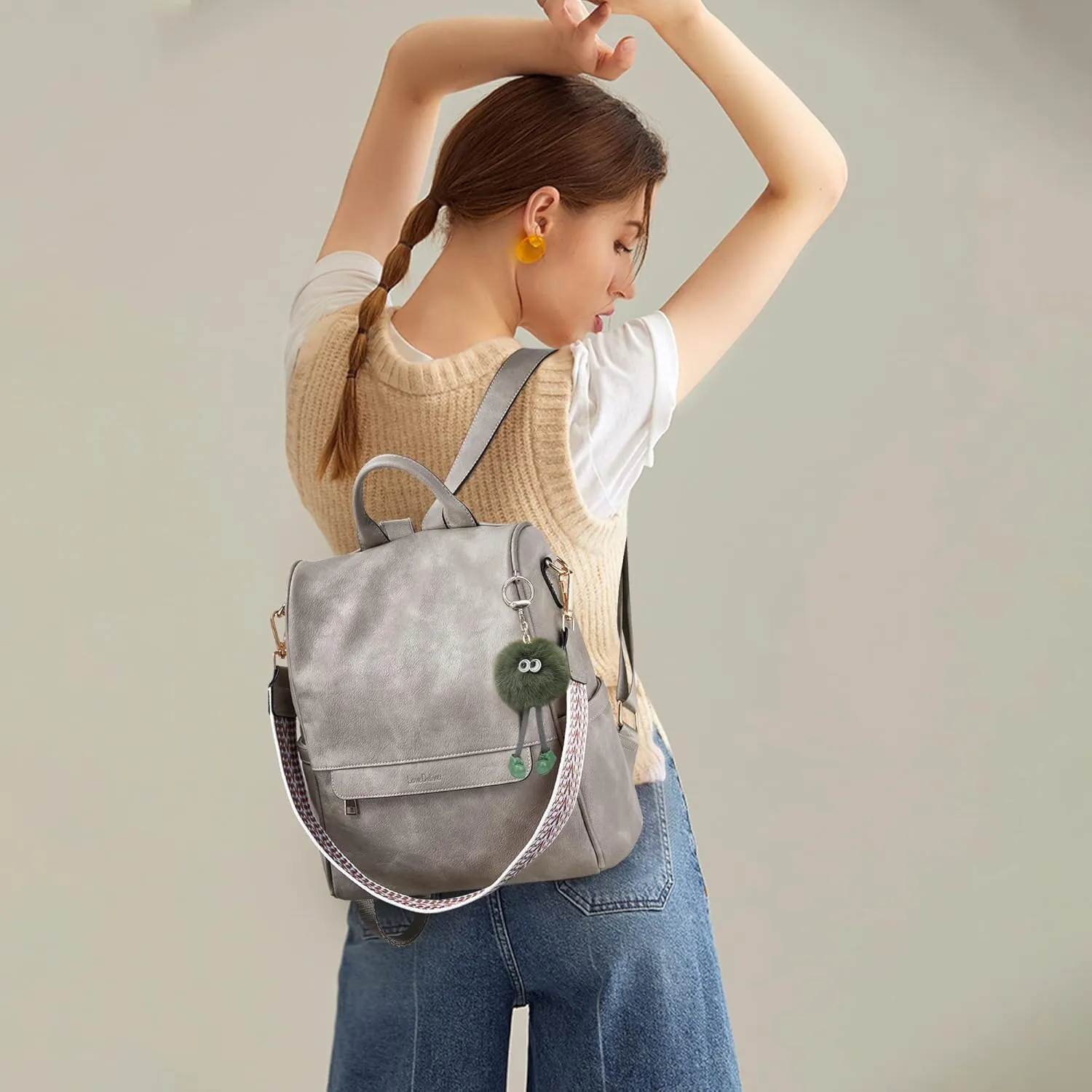 Love Deliver Backpack Purse for Women Leather Fashion Designer Ladies Shoulder Bags Travel Backpacks With Wristlets, Grey