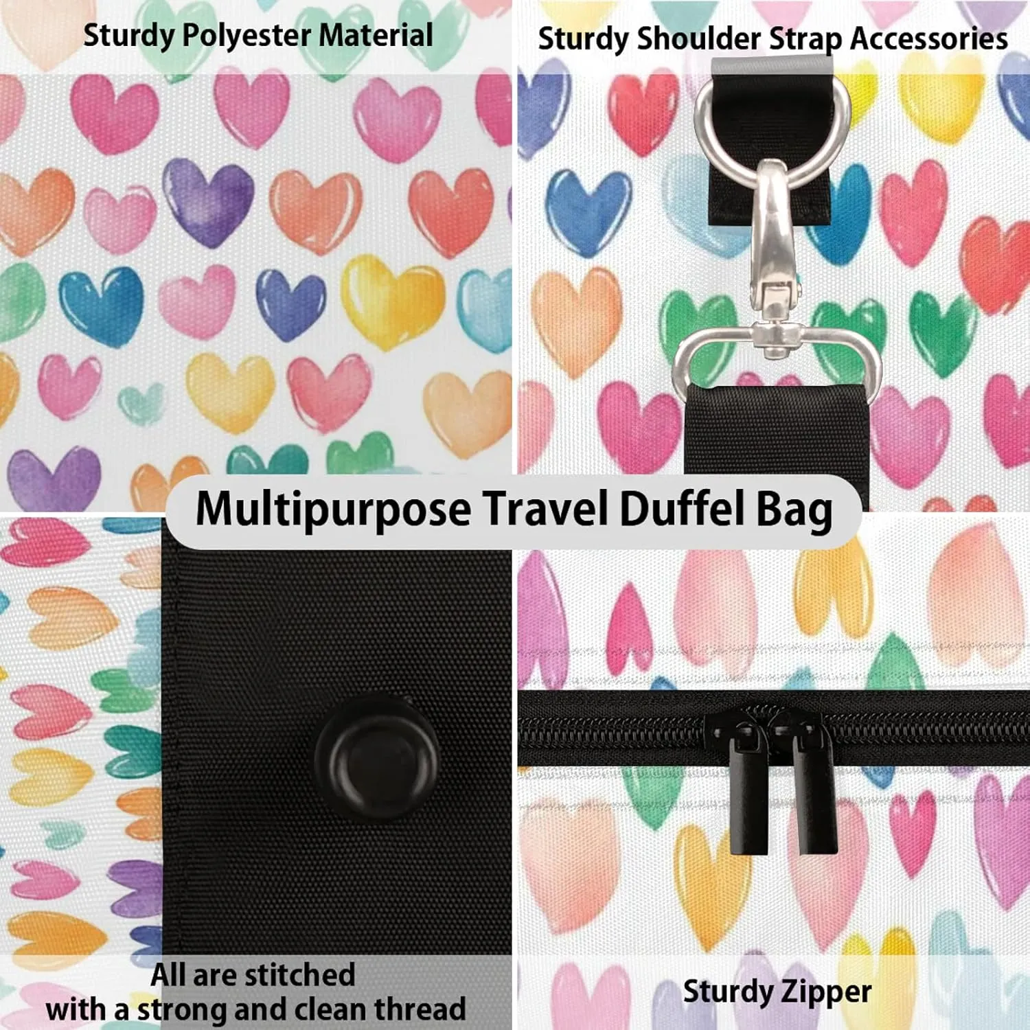 Love Hearts Duffle Bag for Travel, Overnight Weekend Gym Carry On Luggage Bag, Cute Hearts Travel Duffel Bag for Men Women