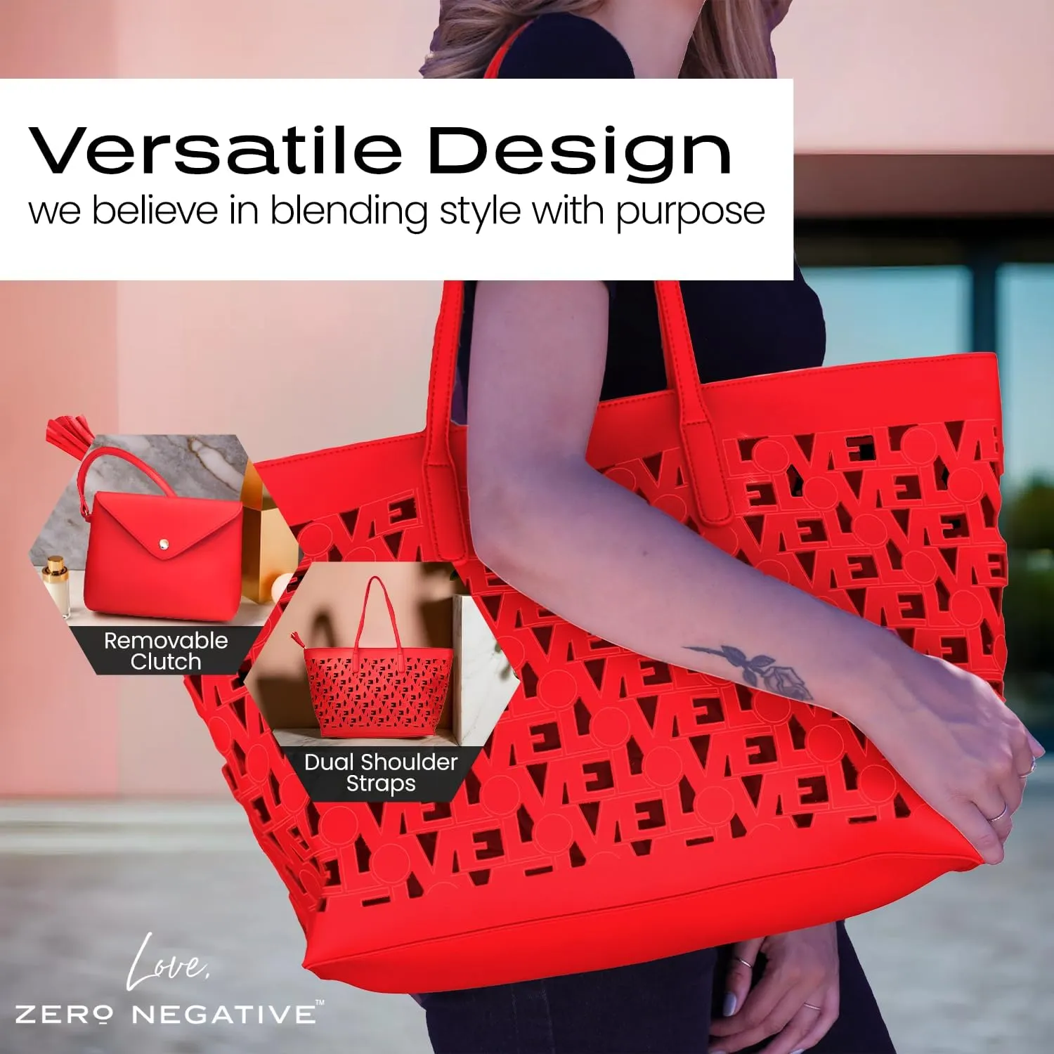 Love Tote | Designer Shoulder Bag | Large Totes for Women | Purses for Women | Vegan Leather Tote Bag | Removable Clutch