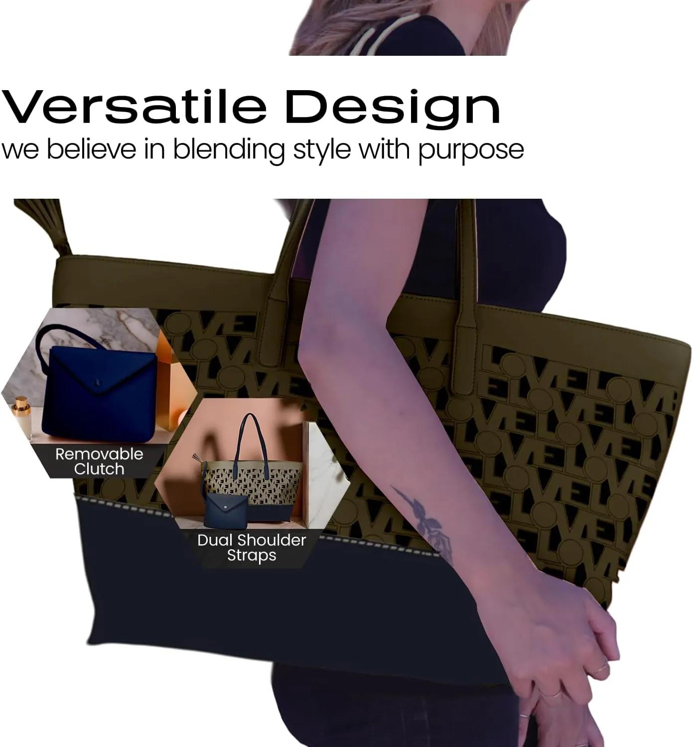 Love Tote | Designer Shoulder Bag | Large Totes for Women | Purses for Women | Vegan Leather Tote Bag | Removable Clutch
