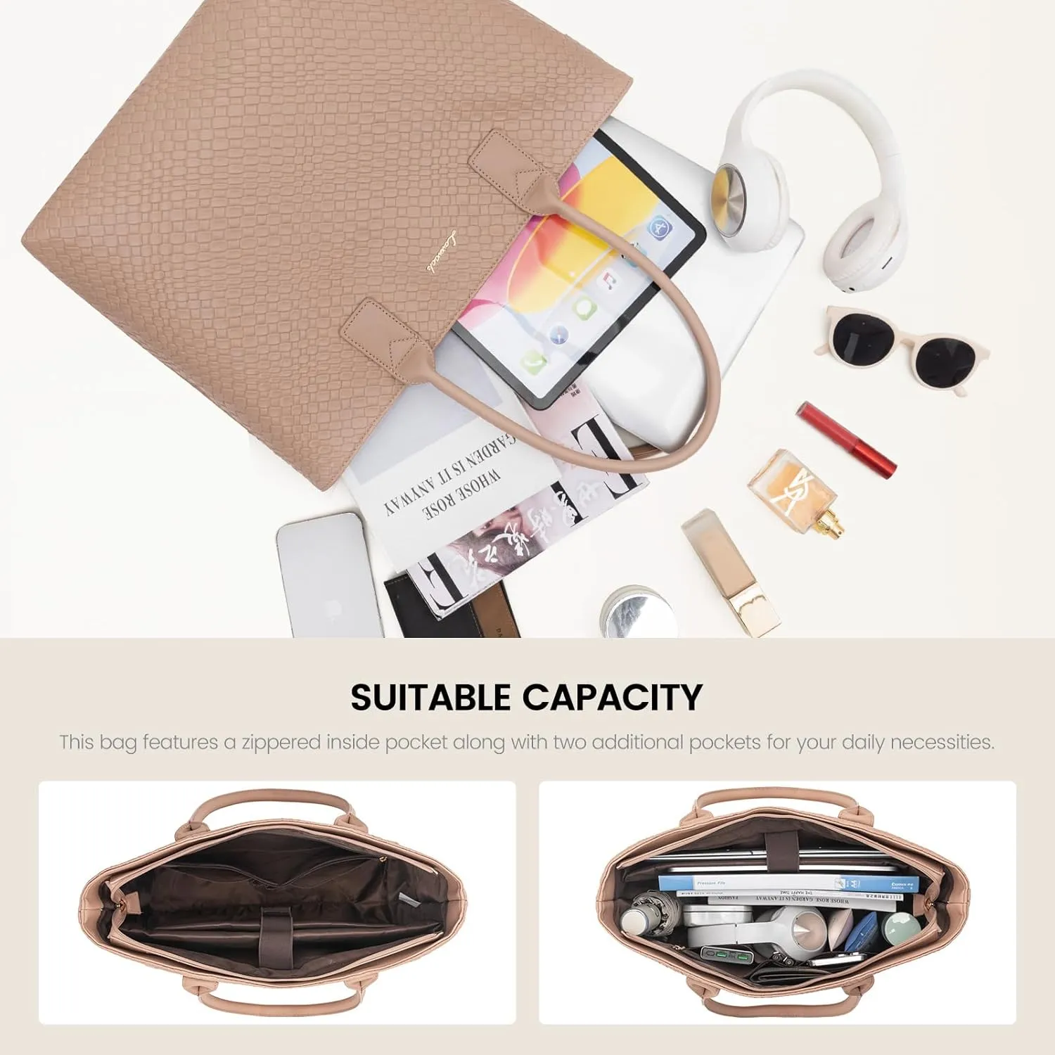 LOVEVOOK Laptop Purses and Handbags for Women, 15.6 Inch Computer Bag Work Tote Briefcase Satchel Handbags for Women with Small Clutch, Apricot