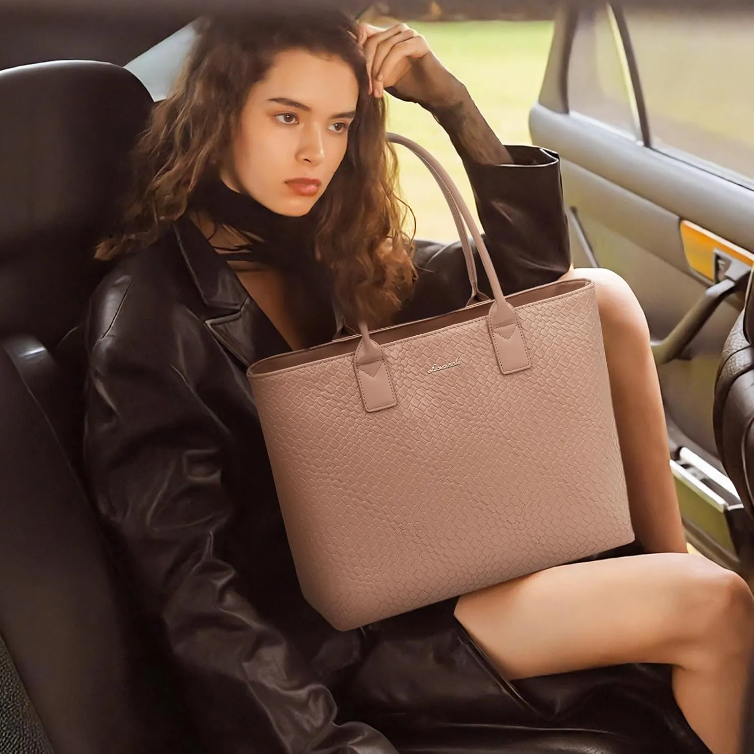 LOVEVOOK Laptop Purses and Handbags for Women, 15.6 Inch Computer Bag Work Tote Briefcase Satchel Handbags for Women with Small Clutch, Apricot