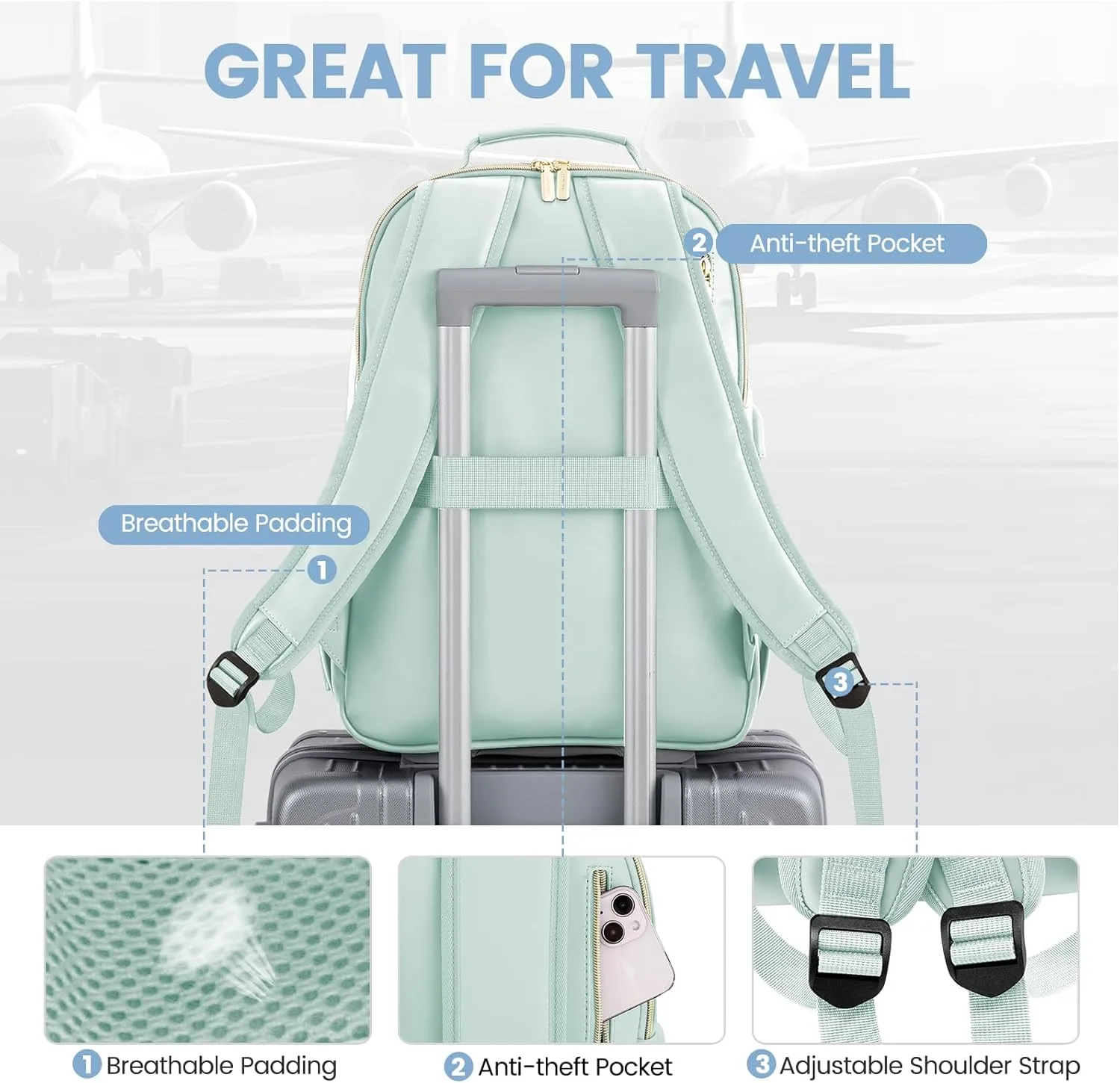 LOVEVOOK Leather Backpacks for Women,15.6 inch Leather Laptop Backpack Women Computer Backpack Laptop Bag,Stylish Quilted Travel Backpack Purse Work College Teacher Backpacks with USB Port,Mint Green