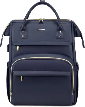 LOVEVOOK Leather Laptop Backpack for Women 15.6 inch,Travel Backpack Purse Nurse Teacher Backpack Computer Laptop Bag,Professional College Business Work Bag Carry On Backpacks with USB Port,Dark Blue