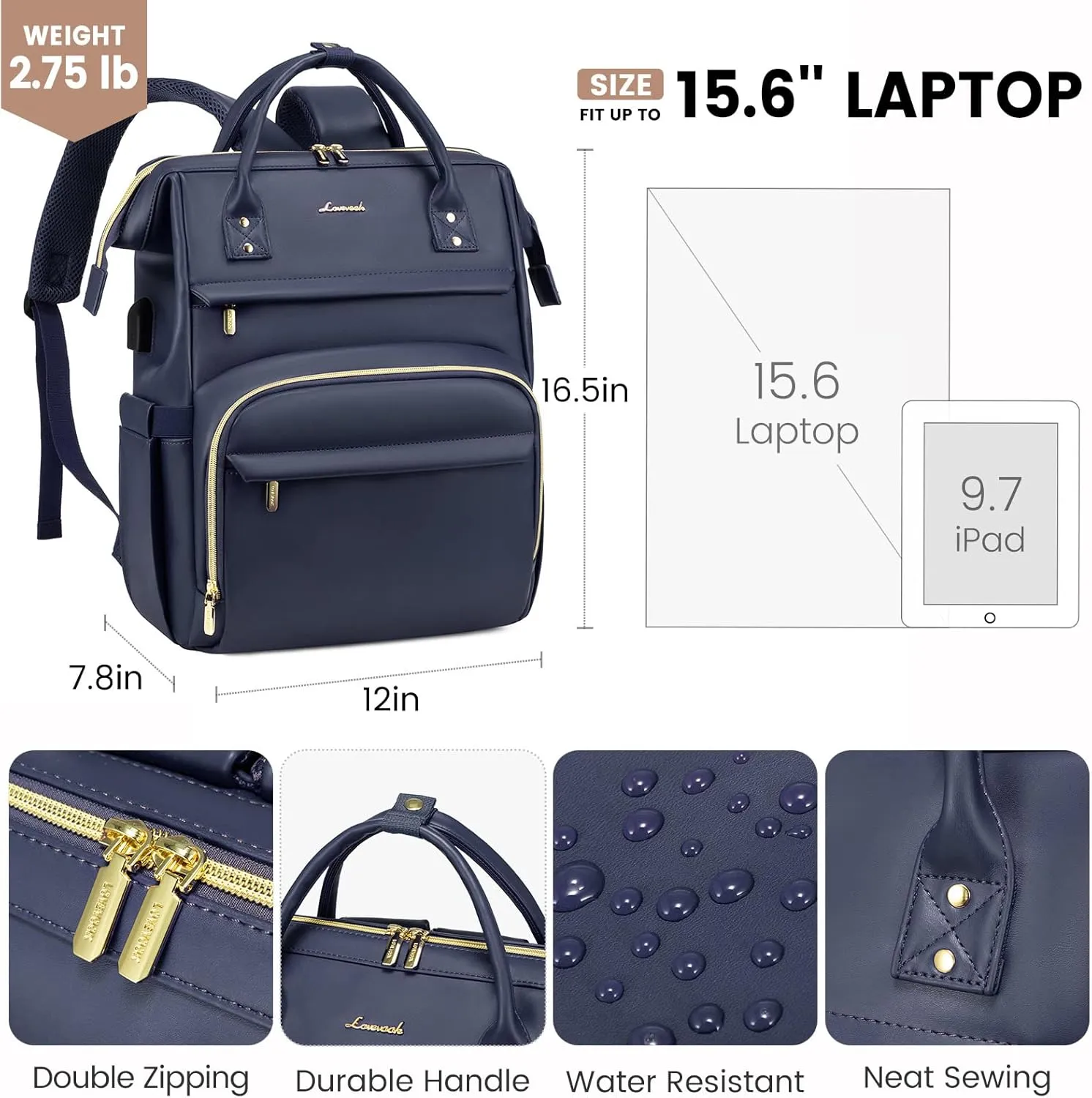 LOVEVOOK Leather Laptop Backpack for Women 15.6 inch,Travel Backpack Purse Nurse Teacher Backpack Computer Laptop Bag,Professional College Business Work Bag Carry On Backpacks with USB Port,Dark Blue