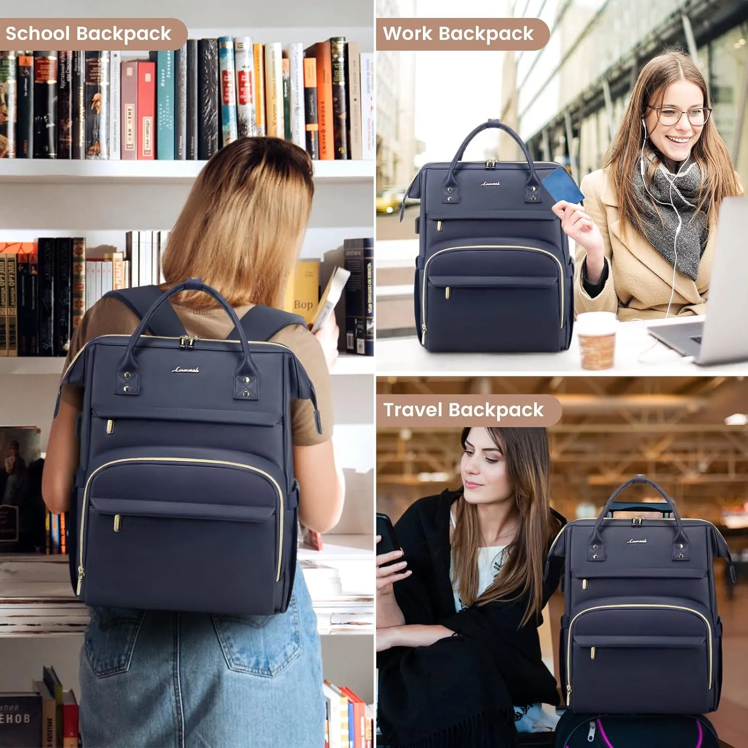 LOVEVOOK Leather Laptop Backpack for Women 15.6 inch,Travel Backpack Purse Nurse Teacher Backpack Computer Laptop Bag,Professional College Business Work Bag Carry On Backpacks with USB Port,Dark Blue