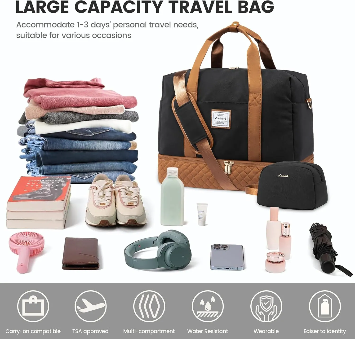 LOVEVOOK Travel Duffel Bag, 18inch Weekender Bags for Women with Shoe Compartment，35L Carry on Overnight Bag with Toiletry Bag, Gym Duffel Bag with Wet Pocket, Hospital Bags for Labor and Deliver