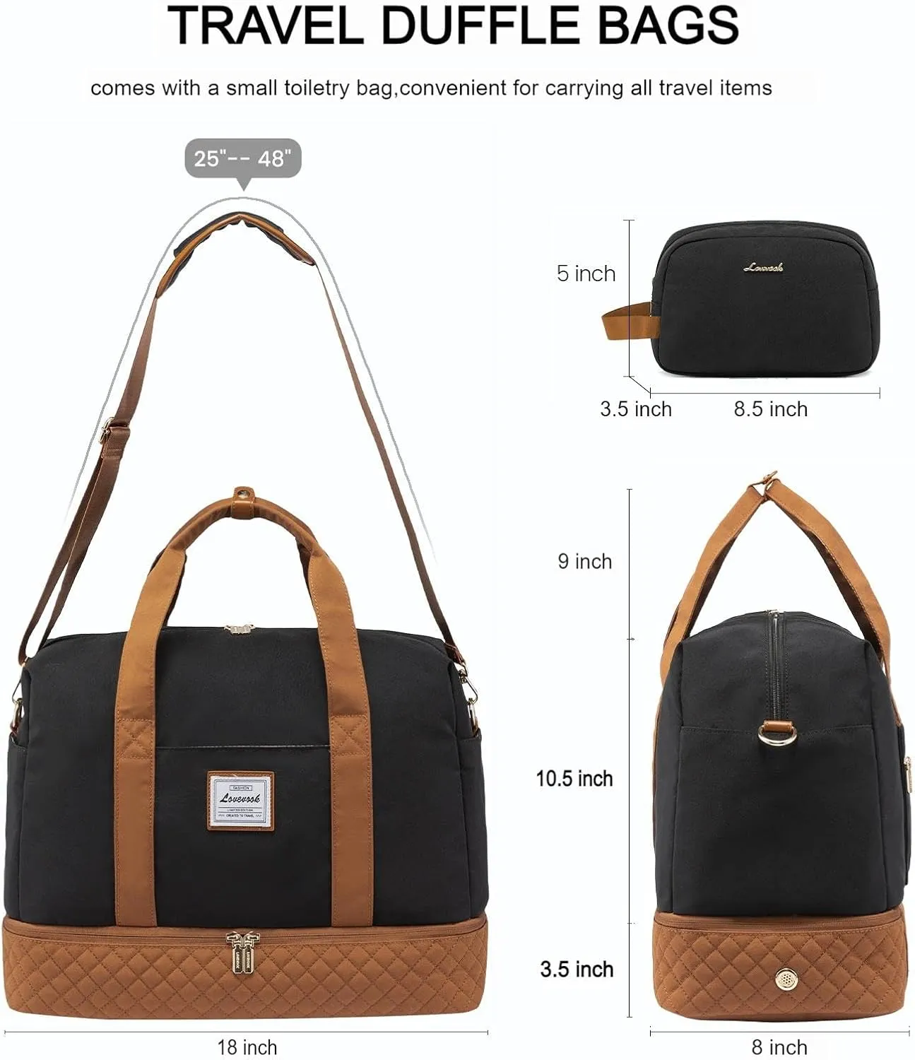 LOVEVOOK Travel Duffel Bag, 18inch Weekender Bags for Women with Shoe Compartment，35L Carry on Overnight Bag with Toiletry Bag, Gym Duffel Bag with Wet Pocket, Hospital Bags for Labor and Deliver