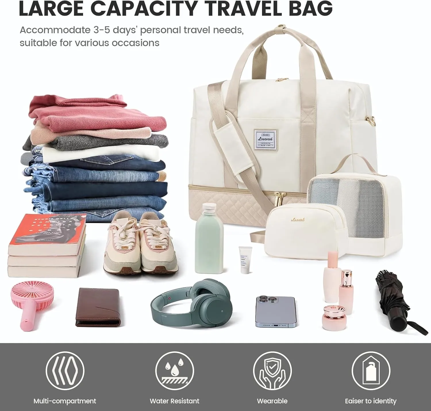LOVEVOOK Travel Duffel Bag, 21inch Weekender Bags for Women with Shoe Compartment，45L Carry on Overnight Bag with Toiletry Bag, Gym Duffel Bag with Wet Pocket, Hospital Bags for Labor and Deliver
