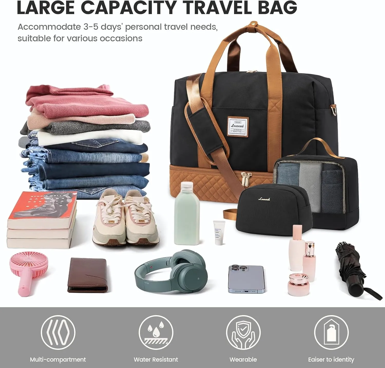 LOVEVOOK Travel Duffel Bag, 21inch Weekender Bags for Women with Shoe Compartment，45L Carry on Overnight Bag with Toiletry Bag, Gym Duffel Bag with Wet Pocket, Hospital Bags for Labor and Deliver
