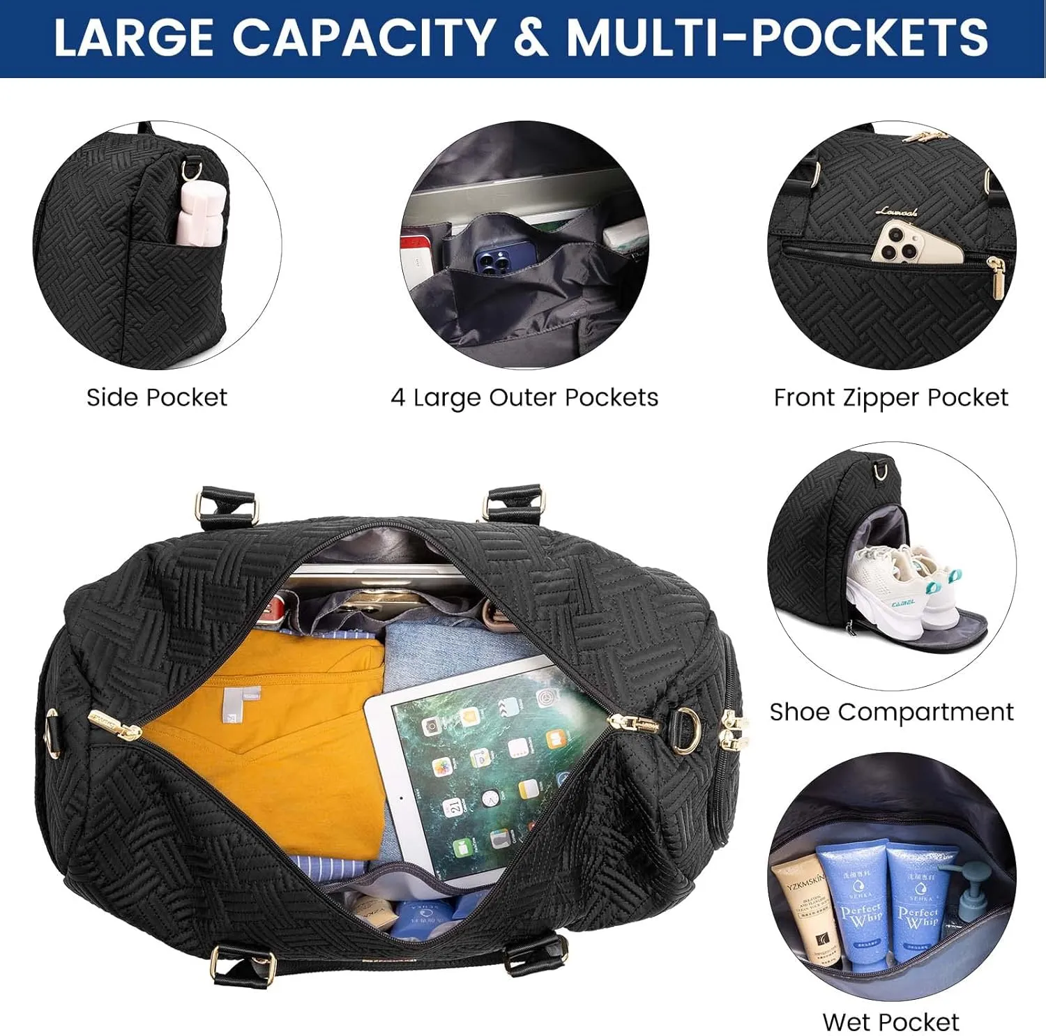 LOVEVOOK Travel Duffle Bag, Weekender Bag for Women with Toiletry Bag, Carry on Overnight Bag with Shoe Compartment, Gym Duffel Bag with Wet Pocket, Mommy Hospital Bags for Labor and Delivery