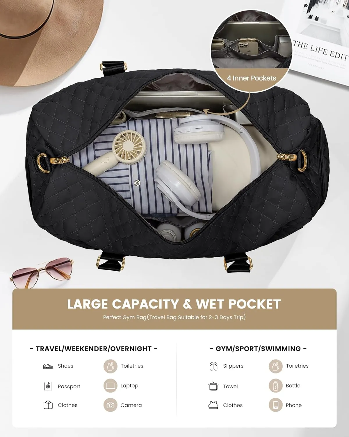 LOVEVOOK Travel Duffle Bag, Weekender Bag for Women with Toiletry Bag, Carry on Overnight Bag with Shoe Compartment,Gym Duffel Bag with Wet Pocket,Mommy Hospital Bags for Labor and Delivery 3Pcs