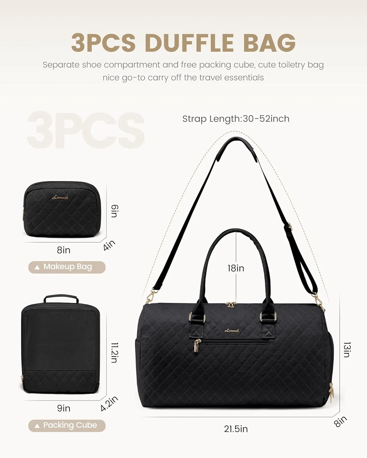 LOVEVOOK Travel Duffle Bag, Weekender Bag for Women with Toiletry Bag, Carry on Overnight Bag with Shoe Compartment,Gym Duffel Bag with Wet Pocket,Mommy Hospital Bags for Labor and Delivery 3Pcs