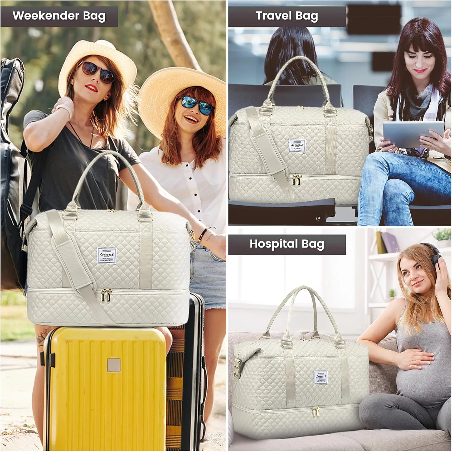 LOVEVOOK Travel Duffle Bag,Carry on Overnight Bag with Shoe Compartment,Weekender Bags for Women with Toiletry Bag,Gym Duffel Bag with Wet Pocket,Hospital Bags for Labor and Delivery