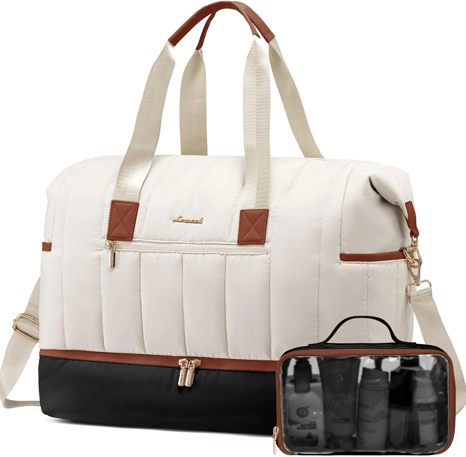 LOVEVOOK Travel Duffle Bag,Puffer Weekender Bags For Women with Shoe Compartment,42L Carry On Duffel Bags For Airplanes,Hospital Bag for Labor and Delivery,Overnight Bag With Toiletry Bag,2Pcs Set