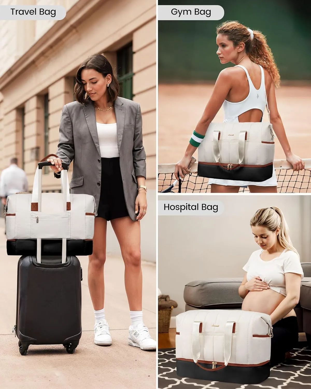 LOVEVOOK Travel Duffle Bag,Puffer Weekender Bags For Women with Shoe Compartment,42L Carry On Duffel Bags For Airplanes,Hospital Bag for Labor and Delivery,Overnight Bag With Toiletry Bag,2Pcs Set