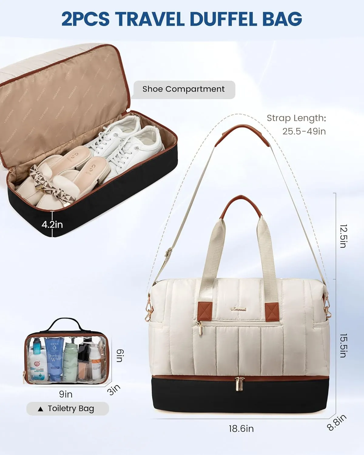 LOVEVOOK Travel Duffle Bag,Puffer Weekender Bags For Women with Shoe Compartment,42L Carry On Duffel Bags For Airplanes,Hospital Bag for Labor and Delivery,Overnight Bag With Toiletry Bag,2Pcs Set