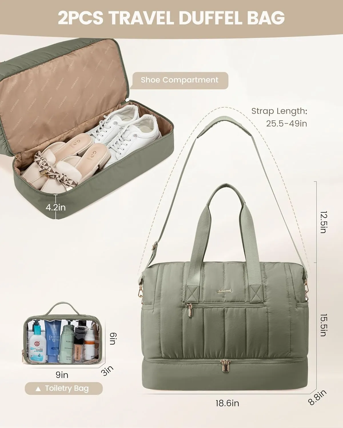 LOVEVOOK Travel Duffle Bag,Puffer Weekender Bags For Women with Shoe Compartment,42L Carry On Duffel Bags For Airplanes,Hospital Bag for Labor and Delivery,Overnight Bag2Pcs Set