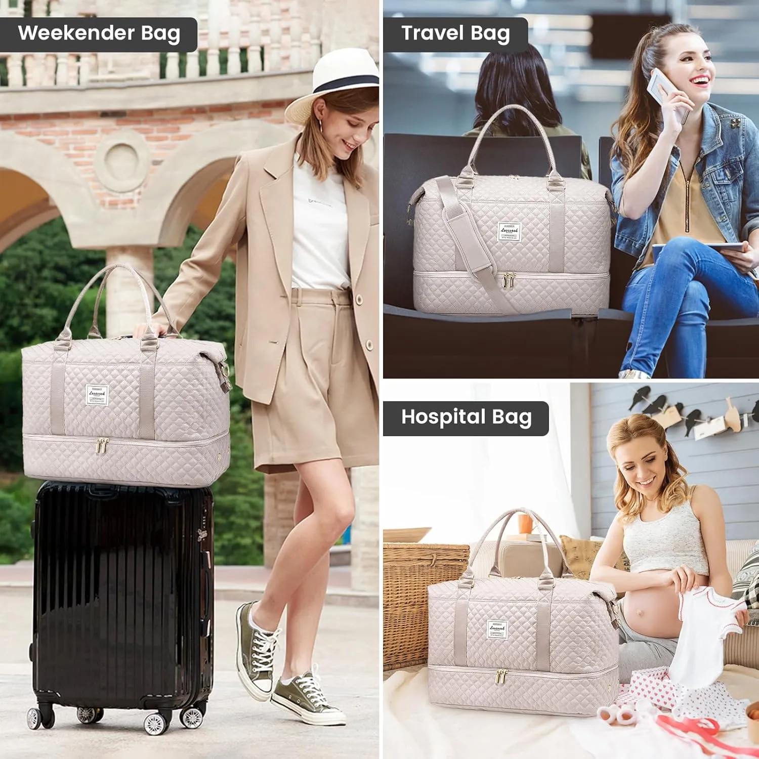 LOVEVOOK Travel Duffle Bag,Weekender Bags for Women with Shoe Compartment，Carry on Overnight Bag with Toiletry Bag,Gym Duffel Bag with Wet Pocket, Hospital Bags for Labor and Delivery
