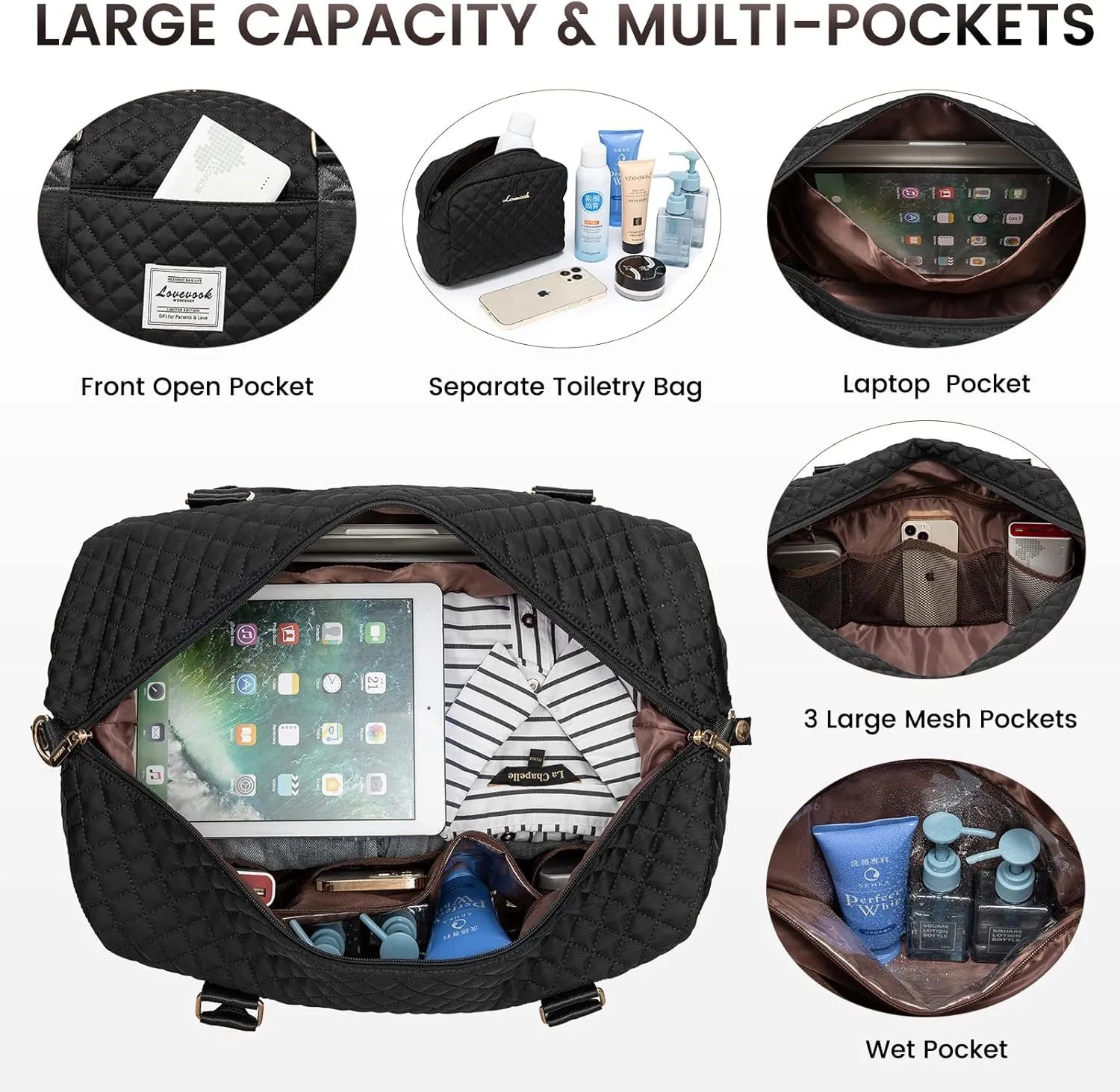 LOVEVOOK Travel Duffle Bag,Weekender Bags for Women with Shoe Compartment，Carry on Overnight Bag with Toiletry Bag,Gym Duffel Bag with Wet Pocket, Hospital Bags for Labor and Delivery