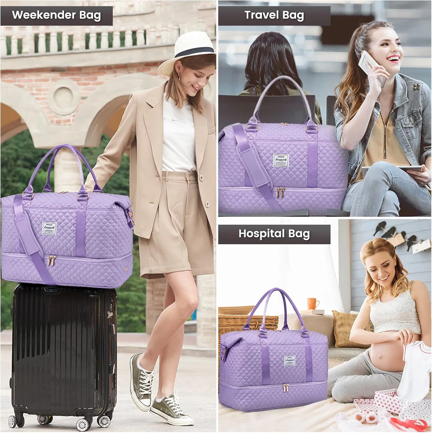 LOVEVOOK Travel Duffle Bag,Weekender Bags for Women with Shoe Compartment，Carry on Overnight Bag with Toiletry Bag,Gym Duffel Bag with Wet Pocket, Hospital Bags for Labor and Delivery