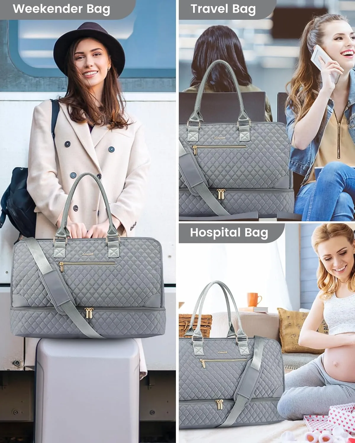 LOVEVOOK Weekender Travel Bags for Women,Large Carry on Duffle Bag with Shoe Compartment,Overnight Bag with Toiletry Bag,Hospital Bag for Labor Delivery,Gym Tote Bag 3 Pcs Set
