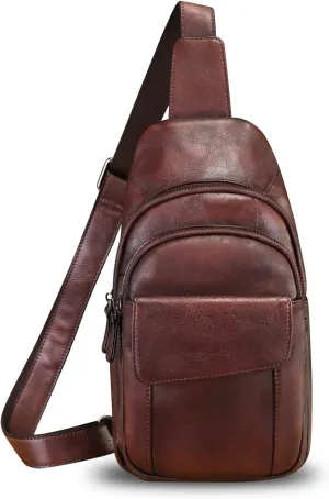 LRTO Genuine Leather Sling Bag Crossbody Motorcycle Bag Handmade Chest Bag Hiking Daypack Retro Shoulder Backpacks