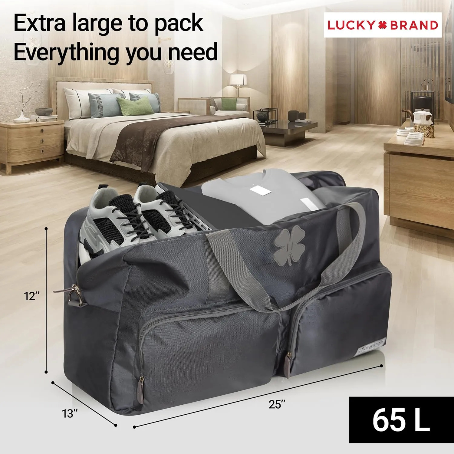 Lucky Travel Duffel Bags 65L, Gym Bag, Travel Bag & Large Duffle Bag for Men, Foldable Overnight Weekender Bags for Women & Men with Adjustable Shoulder Strap, Charcoal