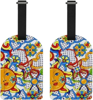 Luggage Tags 2 Pack for Suitcase Mexican Cute Naive Art Ethnic Travel Bag Baggage PU Leather Name ID Labels with Privacy Cover Carry-On Label for Women Men Backpacks Keys Decor