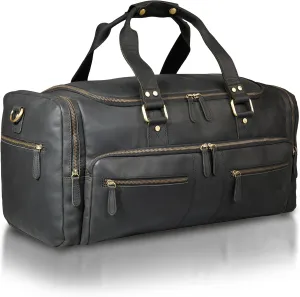 Luxorro Full Grain Leather Duffel Bag for Men - Carry On, Mens Duffle for Traveling, Overnight Travel Duffel Bags, 22 Inch Cabin Bag for Air Travel, Black