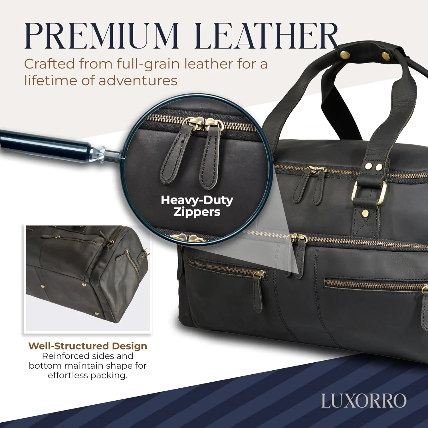 Luxorro Full Grain Leather Duffel Bag for Men - Carry On, Mens Duffle for Traveling, Overnight Travel Duffel Bags, 22 Inch Cabin Bag for Air Travel, Black