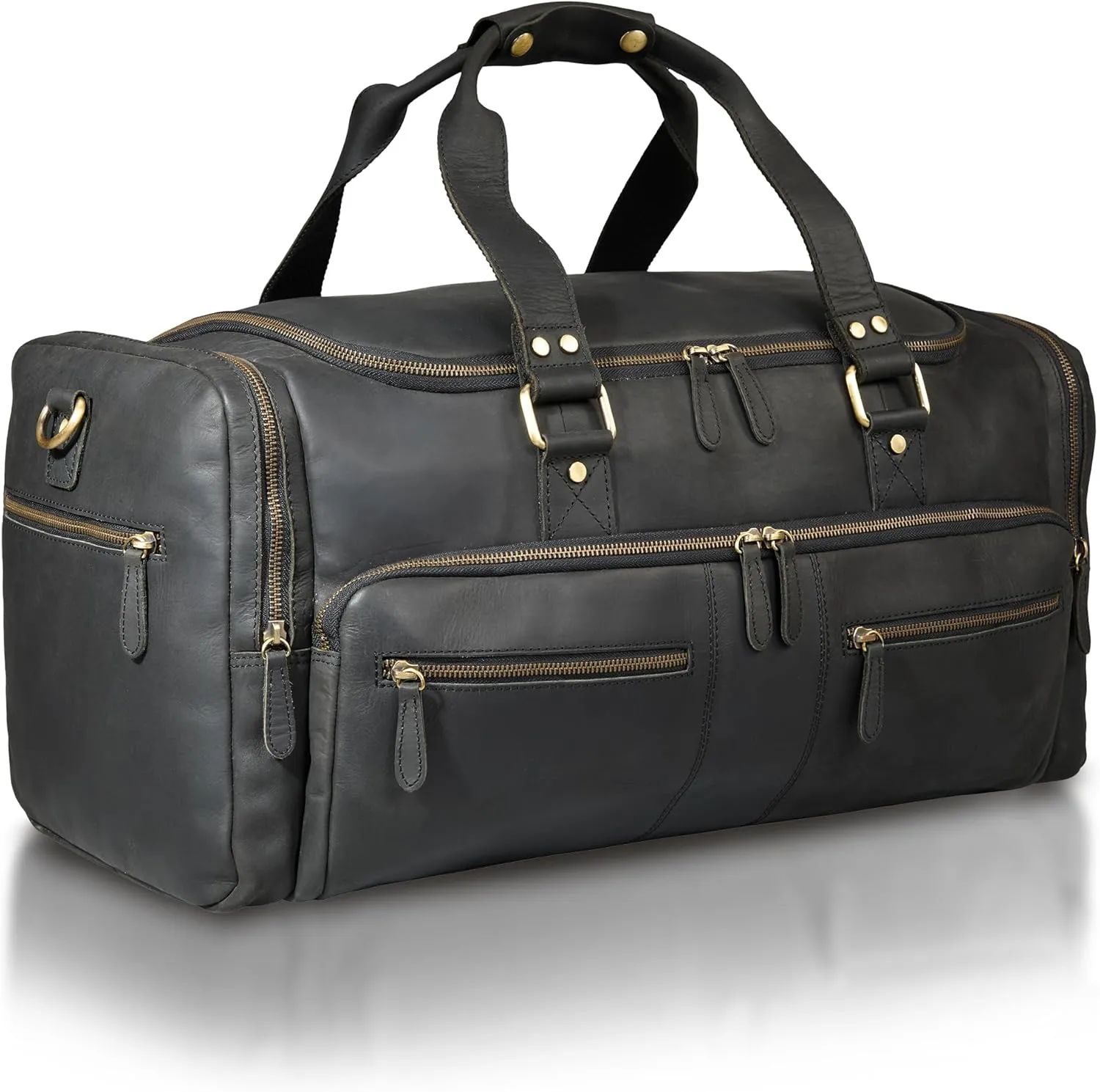 Luxorro Full Grain Leather Duffel Bag for Men - Carry On, Mens Duffle for Traveling, Overnight Travel Duffel Bags, 22 Inch Cabin Bag for Air Travel, Black