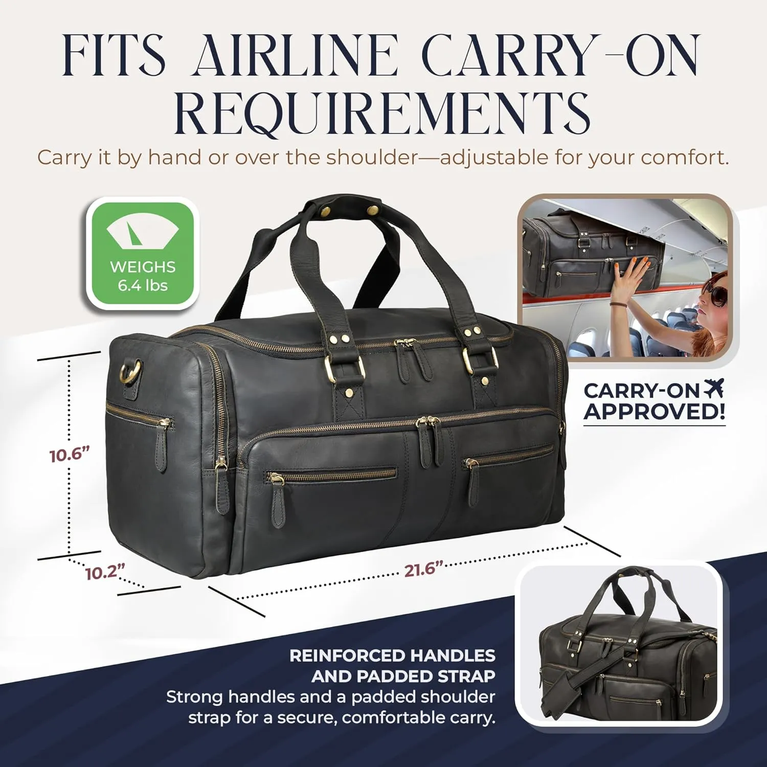 Luxorro Full Grain Leather Duffel Bag for Men - Carry On, Mens Duffle for Traveling, Overnight Travel Duffel Bags, 22 Inch Cabin Bag for Air Travel, Black