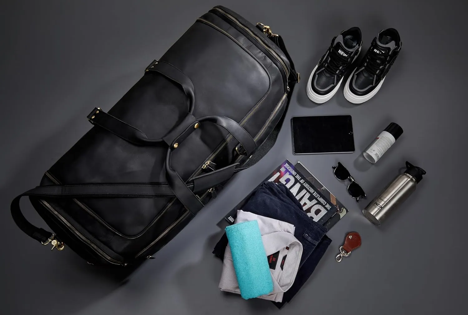 Luxorro Full Grain Leather Duffel Bag for Men - Overnight Travel Bag, Mens Duffle Bag for Traveling, Weekender Bag, 30 Inch Duffel Bag for Outdoor Travel, Black